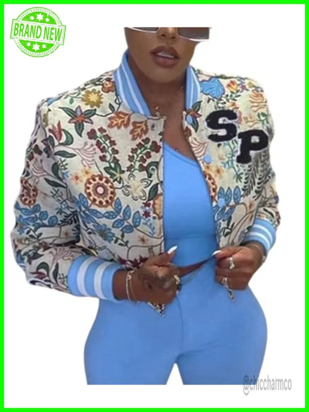 Women Cropped Varsity Jacket Jacquard Floral Long Sleeve Button Down Casual